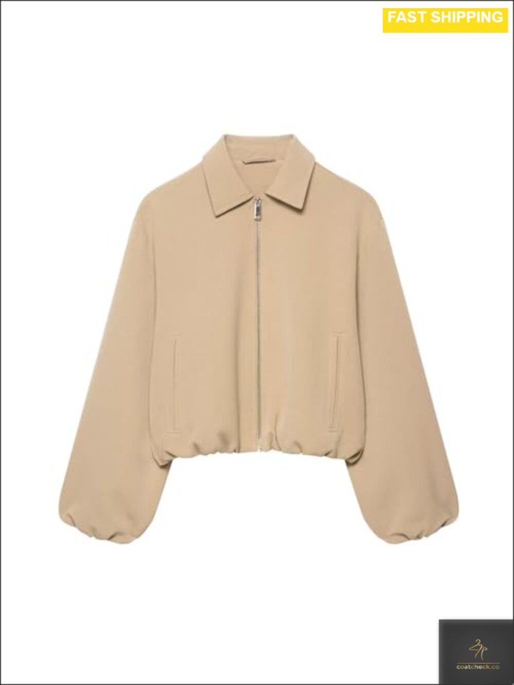 Cropped Bomber Jacket Puffed Sleeves Zip Up Casual Streetwear Outerwear
